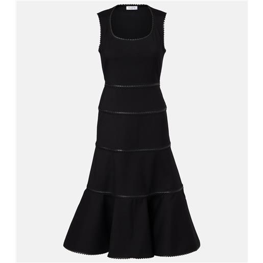 Alaia alaïa abito midi in lana con pelle