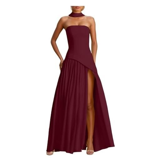 Generico abito donna maxi a fascia, abito da sera con spacco alto, elegante gown scollato con foulard, abito da cerimonia per matrimonio e prom