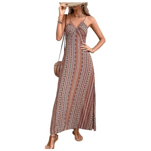 JENJON donna vestiti scollo a v elegante senza mance stile etnico abito bohème casual maxi vestiti da spiaggia primavera estate