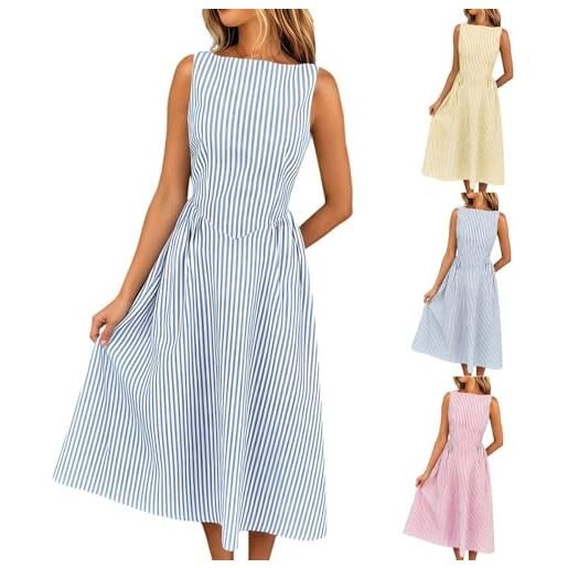 Generico abito estivo donna lino vestito cotone senza maniche morbido e comodo abiti elegante tinta unita vestiti a righe abito lungo scollo rotondo leggeri vestiti casual taglie forti estate mare