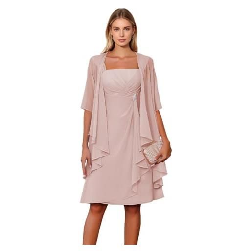 Generic 2 pezzi chiffon madre della sposa abiti con giacca volant collo quadrato mezza manica lunghezza al ginocchio abito da sera formale
