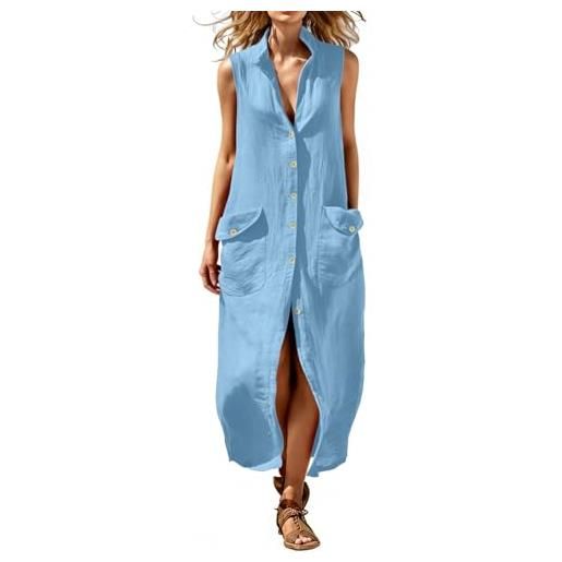Generico abito camicia donna lungo senza maniche con bottoni frontali e tasche laterali vestito lungo estivo leggero tinta unita vestiti mare curvy casaul per casa spiaggia festa lavoro viaggio vacanze, 