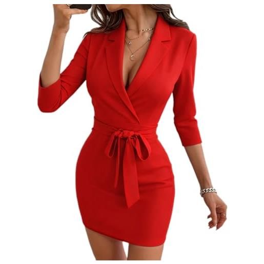 LIEROLYE abito elegante aderente da donna con scollo a v, maniche a 3/4 e cravatta in vita, for serate, lauree e feste
