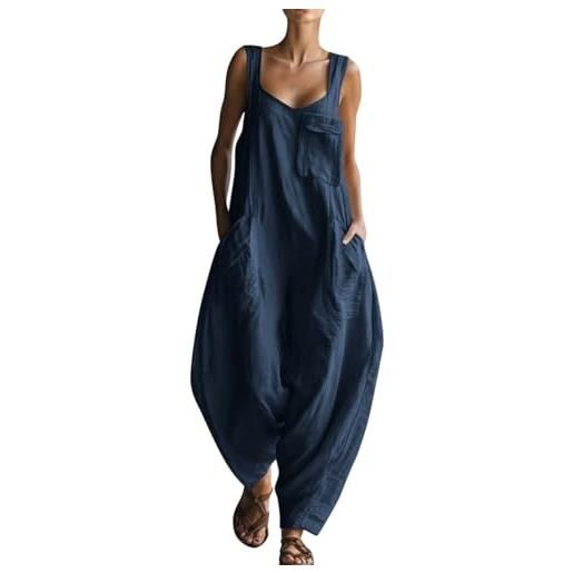 Onsoyours salopette donna estiva lunga in lino elegante tuta intera chic jumpsuit pantaloni gamba larga senza maniche con tasche