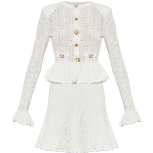 Self-Portrait abito in maglia pointelle con peplum - bianco