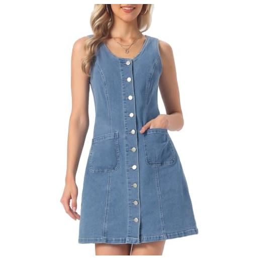 Allegra K donna abito denim scollo v bottoni senza maniche mini | tessuto in denim resistente e traspirante, vestibilità regolare. Perfetto per tutti i giorni. Abbinabile a stivali o sneakers