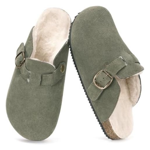 Dokela sabot invernali pelo uomo donna zoccoli in chiuse | pantofole in pelle con fibbia, calde foderato, suola in sughero, ciabatte interno ed esterno