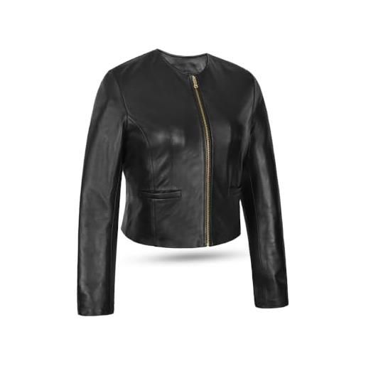 Leatherick giacca da donna in vera pelle di agnello - modello corto e aderente (slim fit), fodera in raso e cotone, chiusura frontale con zip e 3 tasche funzionali. 