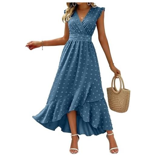KUNJLELP vestito da donna con scollo a v elegante manica corta plissettato vita alta abito da spiaggia vacanza estivi