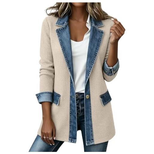 DeHolifer cardigan donna in denim patchwork - colletto a risvolto giacca | elegante cappotto lungo in maglia, monopetto giacche di jeans, casuale giubbino, leggera e comodo coat, per il tempo libero