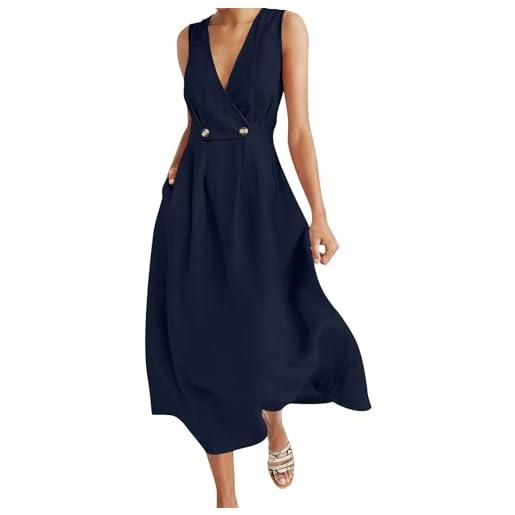VPQILH vestito donna estivo elegante scollo a v abito lungo senza manica vestiti vita alta vestitini in lino di cotone, leggera e ariosa abiti da vacanze spiaggia