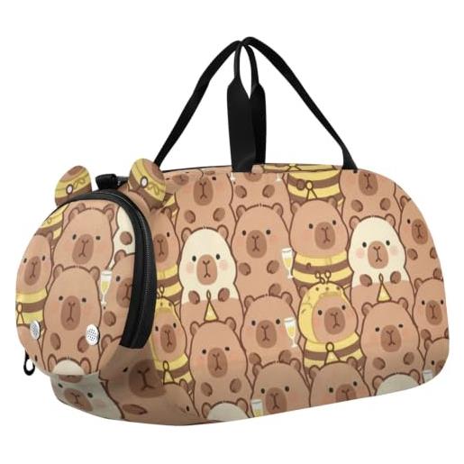 GuoChe borsone da viaggio per bambini, ragazzi e ragazze | borsone sportivo da notte con scomparto per scarpe, divertente capibara e api, collage carino con capibara