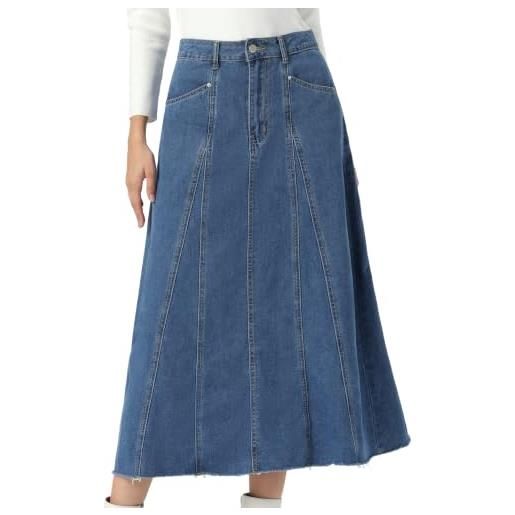 Allegra K donna gonna maxi denim vita alta a linea orlo cuciture estate | gonna lunga in denim a svasata orlo sfrangiato con tasche applicate autunno 2026 uso quotidiano