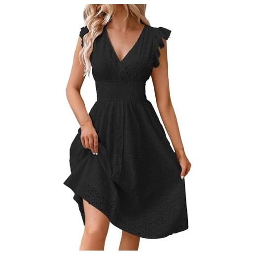 Generisch vestito midi da donna, tinta unita, con scollo a v, maniche corte e frange, sciancrato e leggero, elegante abito estivo lungo al ginocchio, sottile, alla moda per le vacanze