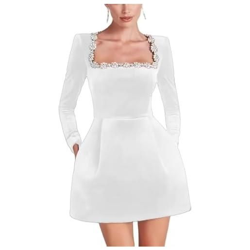 Juankrynord abiti da sposa da donna con scollo quadrato in cristallo eleganti abiti corti con scollo quadrato tempestati di diamanti abiti da sposa corti a maniche lunghe con tasca