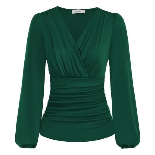 GRACE KARIN donne vintage plissettato camicie maniche lunghe scollo a v tinta unita top slim fit plissé top tunica estate autunno bluse verde chiaro l