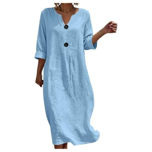Generico vestito donna estivo abito da donna, abito midi leggero e fresco in mussola, in lino morbido, con scollo a v e maniche corte con bottoni, tunica ampio arioso, midi semplice, vestito estivo