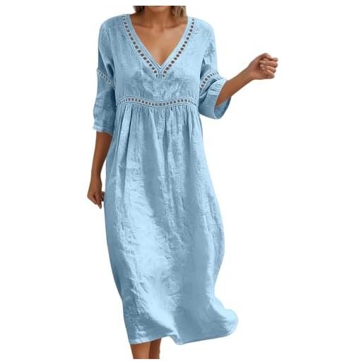 Generico vestito donna estivo abito da donna, abito midi leggero e fresco in mussola, in lino morbido, con scollo a v e maniche corte con bottoni, tunica ampio arioso, midi semplice, vestito estivo