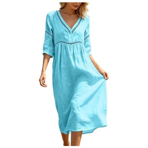Generico vestito donna estivo abito da donna, abito midi leggero e fresco in mussola, in lino morbido, con scollo a v e maniche corte con bottoni, tunica ampio arioso, midi semplice, vestito estivo