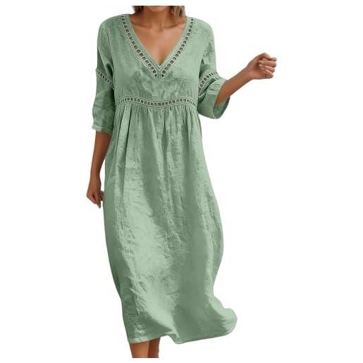Generico vestito donna estivo abito da donna, abito midi leggero e fresco in mussola, in lino morbido, con scollo a v e maniche corte con bottoni, tunica ampio arioso, midi semplice, vestito estivo