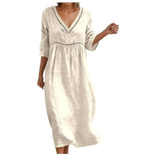 Generico vestito donna estivo abito da donna, abito midi leggero e fresco in mussola, in lino morbido, con scollo a v e maniche corte con bottoni, tunica ampio arioso, midi semplice, vestito estivo