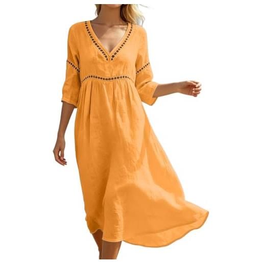 Generico vestito donna estivo abito da donna, abito midi leggero e fresco in mussola, in lino morbido, con scollo a v e maniche corte con bottoni, tunica ampio arioso, midi semplice, vestito estivo