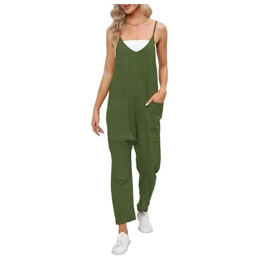 Cegerne salopette donna estiva larga senza maniche tuta intera jumpsuit premaman casual da lavoro giardino con tasche grandi, verde militare, l