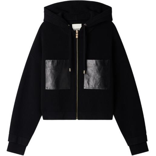 SANDRO cardigan con cappuccio e finiture in pelle - nero