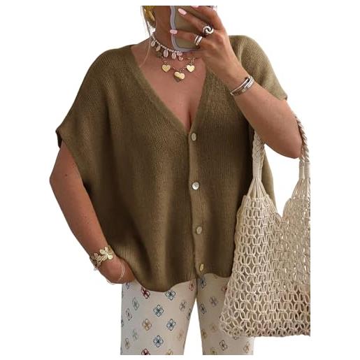 Saodimallsu cardigan estivo da donna, a maniche corte, con scollo a v | oversize, maniche a pipistrello, cardigan in maglia, tinta unita, con bottoni, maglione, top