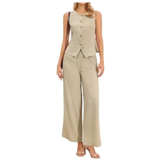 Allegra K donna completo due pezzi gilet pantaloni a gamba larga lino | abito due pezzi lino senza maniche gilet abbottonato pantaloni largo gamba completo