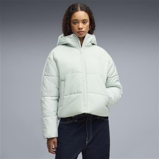 PUMA giacca imbottita con cappuccio essentials dal taglio morbido da donna, abbigliamento, verde, s