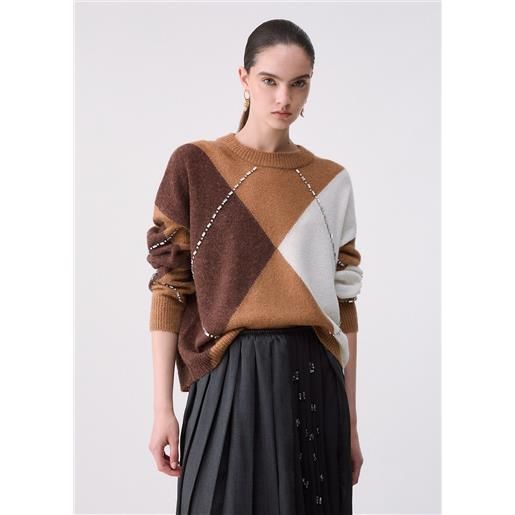 Liu jo maglia argyle con ricami gioiello, cammello