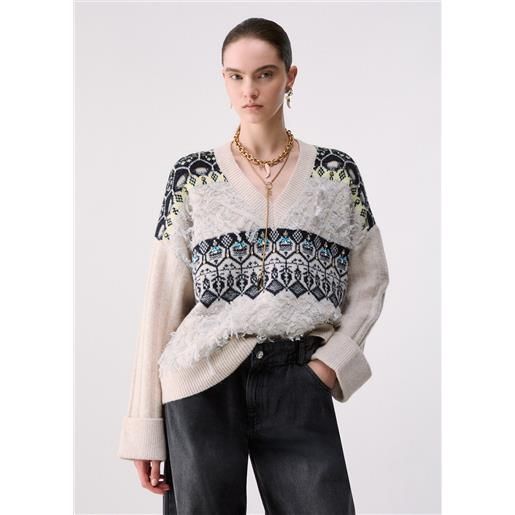 Liu jo maglia jacquard con ricami gioiello, bianco