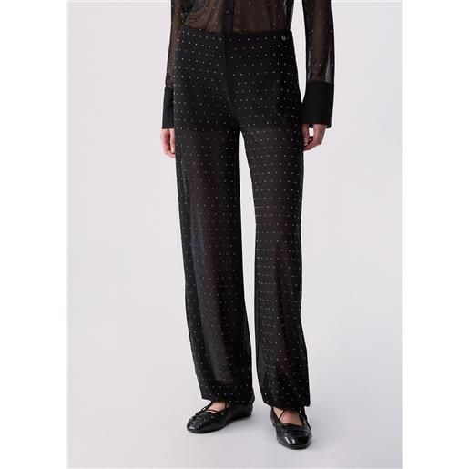 Liu jo pantaloni in tulle con ricami gioiello, nero