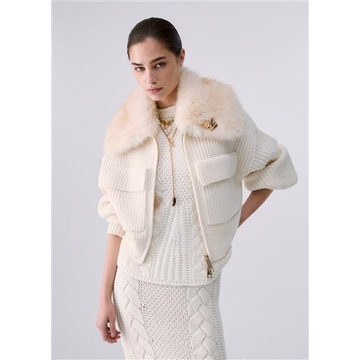 Liu jo bomber in lana con colletto teddy, bianco lana