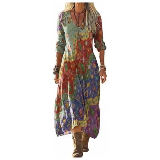Generico abito donna maxi in misto lino cotone stile bohemien scollo a v maniche 3/4 vestito lungo estivo casual frescoper spiaggia vacanze e taglie forti