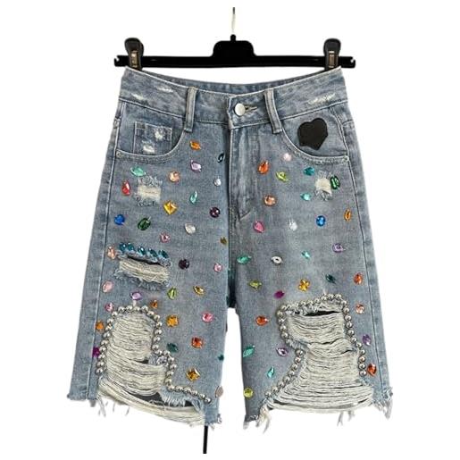 JFNKLFG pantaloncini jeans donna jeans strappati con perline e diamanti colorati, pantaloncini larghi a vita alta blu, pantaloni casual versatili alla moda lucidi