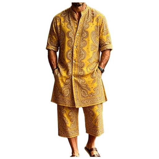 ChahuerOu outfit etnico africano da uomo a due pezzi, set tunica lunga stampata con colletto mandarino e pantaloni capri