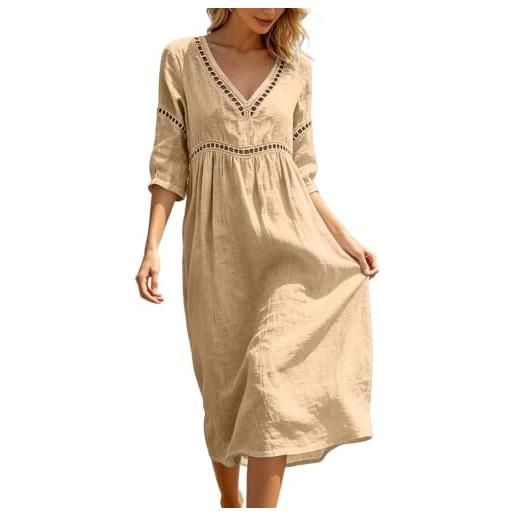 Generico vestito donna estivo abito da donna, abito midi leggero e fresco in mussola, in lino morbido, con scollo a v e maniche corte con bottoni, tunica ampio arioso, midi semplice, vestito estivo