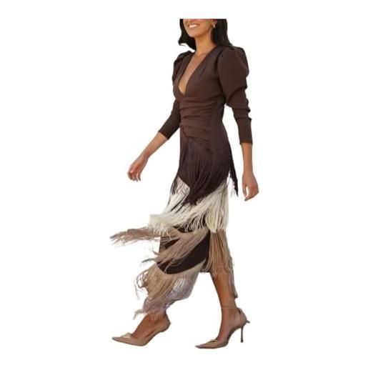 WJLYDM abiti da ballo slim eleganti con scollo a v profondo primavera solido impiombato nappa abito lungo manica donna autunno maxi