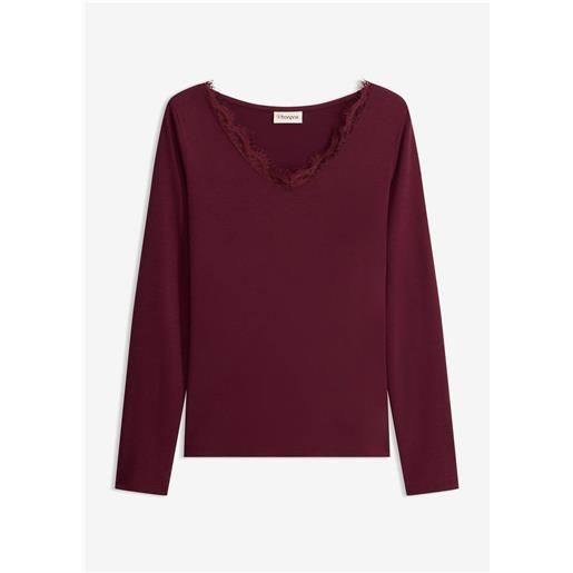 bonprix maglia in jersey singolo e pizzo con scollo a v-rosso