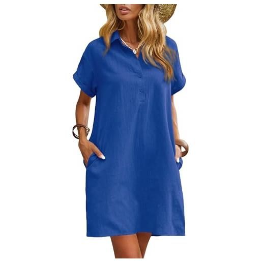 Zeagoo abito estivo da donna al 100% in cotone e lino, casual, lunghezza fino al ginocchio, a maniche corte, con tasche, da spiaggia