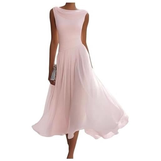 QAZWZG abito midi in chiffon con scollo drappeggiato abito longuette in chiffon con collo drappeggiato, abiti da cerimonia nuziale senza maniche ad anello, abito maxi elegante e fluido