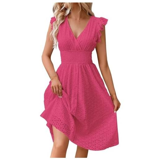 Generic vestito donna midi in pizzo sangallo traforato, scollo a v, vita elasticizzata, taglie forti, abito estivo elegante casual per vacanza e spiaggia al mare