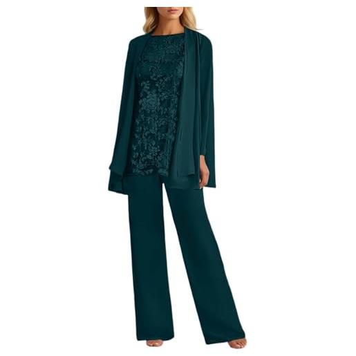 Generic 3 pezzi da donna madre della sposa pantaloni tuta pizzo madre della sposa abiti con giacca manica lunga abito da sposa elegante abito da sera set tinta unita trendy tre pezzi per le feste