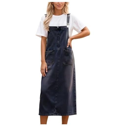 POIUIYQA abito donna vestito scamiciato in denim per donna lungo tasca con cuciture salopette in denim blu salopette in jeans lavata vintage midi gonna estate casuale larga senza maniche canotta a