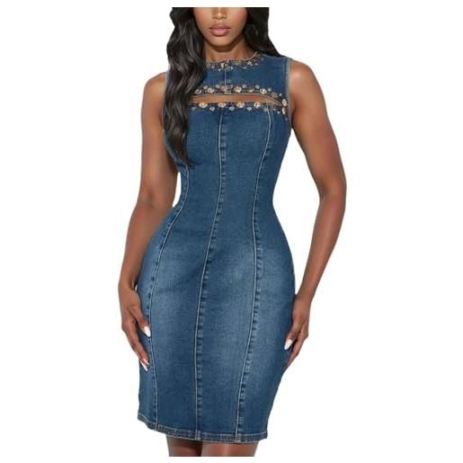 XUSAI abito sexy in denim aderente da donna, abito di jeans midi slim elasticizzato alla moda senza maniche, girocollo, bottoni rivetti