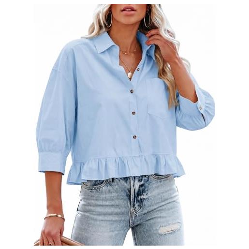 Cicy Bell camicette da donna ritagliate con bottoni, maniche a 3/4, casual, in cotone, vestibilità larga, con orlo a volant