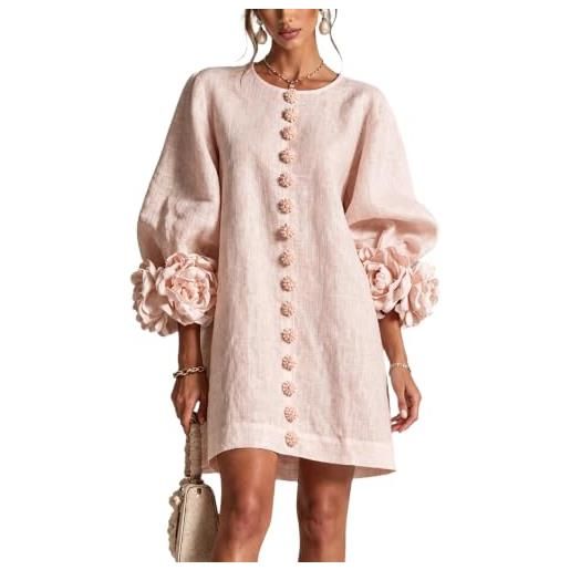 Generic abito estivo da donna uk casual in lino con bottoni a fiori 3d sul davanti | mini abito da donna in lino con scollo rotondo a palloncino a maniche lunghe con polsini e bottoni floreali 3d