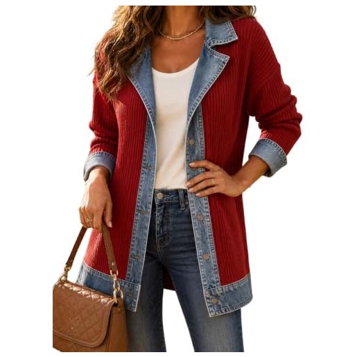 Generic cardigan donna denim patchwork giacca lunga jeans chic giubbotto | mezza stagione con bottoni e collo a revers cappotto leggero autunno inverno stile vintage casual moda comodo